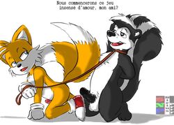 anthro balls canine english_translation erection fox french_text fur furry furry_tail leash looney_tunes male male_only multiple_males multiple_tails no_humans notes_translation penis pepe_le_pew plain_background sega siriusandpyri skunk smooth_fur sonic_(series) tail tails text warner_brothers yaoi