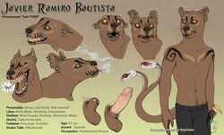 2013 anthro brown_fur cigarette clothes ear_piercing fangs fossa fur furry gauges javier laugh male markings model_sheet pants penis piercing pubes sayuncle sheath smoke smoking snakes tail teeth yellow_eyes