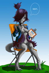 1girls black_hair breasts buckteeth claire_wheeler clipboard collar disney english_text female female_only goth grey_nipples grey_skin hair_over_eye maniacpaint monster monsters_university nipples no_humans oddrich pixar ponytail short_hair small_breasts solo text tied_hair uncensored