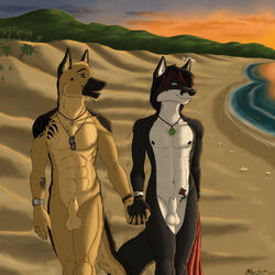 2013 abs ace_stryker anthro balls beach biceps black_fur black_hair blue_eyes brown_fur canine claws clouds couple cross dog_tags dyed_hair ear_piercing flaccid fox furry gay german_shepherd green_eyes hair hand_holding love male marines married military multicolored_hair navel_piercing necklace nipples no_humans nude open_mouth outside pecs penis piercing rainbow sand sea seaside sheath sky smile soldier standing sunset tattoo toned towel truck usmc vehicle walking watch water wedding_ring