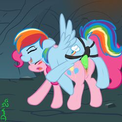 2013 anus blue_fur blush cave closed_eyes cutie_mark dildo drooling duo english_text equine female feral friendship_is_magic hair horse inside multicolored_hair my_little_pony pegasus penetration pink_fur pink_hair pinkie_pie_(mlp) pony pussy rainbow_dash_(mlp) rainbow_hair saliva sex sex_toy strapon text toodledipsy vaginal_penetration wings yuri