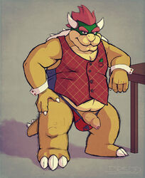 2013 4_fingers anthro beige_scales belly biceps big_muscles bowser bowser_day bulge chubby claws clothing cuffs dredd_(artist) flaccid hair horn humanoid_penis king koopa looking_at_viewer male male_only mario_(series) nintendo penis reptile royalty scalie shell solo spikes standing teeth turtle uncut vest