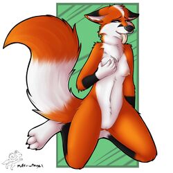 anthro black_fur black_nose blue_eyes breast_grab breasts canine chest_tuft claws eyelashes female fox fur furry holding mouth muffin_angel multicolored_fur nipples nude open_mouth orange_fur presenting pussy shoulder_tuft solo tongue tongue_out tuft white_fur