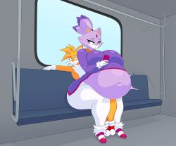 absurd_res anthro belly big_belly big_breasts blaze_the_cat bodily_fluids breasts cum cum_inside cytrusawa duo female genital_fluids hi_res huge_breasts inflation inside_train male male/female on_lap on_phone sega sitting_on_another sitting_on_lap sonic_the_hedgehog_(series) stomach_bulge tails