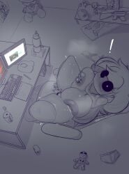 1girls blush breast_grab computer female female_masturbation fingering_self grayscale greyscale lactation large_breasts masturbation monochrome oc original original_character pyrmaniacdj solo spread_legs surprised thick_thighs
