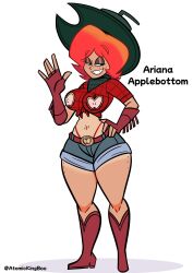 1girls 2025 ariana_applebottom artist_name ass atomickingboo belt belt_buckle big_ass big_breasts breasts clothed clothed_female clothing cowboy_gloves cowgirl cowgirl_(western) cowgirl_boots cowgirl_hat cowgirl_outfit english english_text female female_focus female_only fingerless_gloves first_porn_of_character fully_clothed fully_clothed_female midriff oc original original_character panties panties_visible_through_clothing peach_hair plaid_shirt shorts solo solo_female solo_focus text thick_thighs thighs