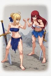 ai_generated catfight duo erza_scarlet fairy_tail fate fate_(series) female female_only not_real_art saber sword topless