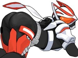 1boy ace_ukiyo armor armored_male ass ass_focus belt bodysuit fox fox_ears helmet kamen_rider kamen_rider_geats kamen_rider_geats_(series) kintama_king45 kitsune leaning_on_arm leaning_on_elbows looking_at_viewer looking_back_at_viewer lying lying_down male male_focus male_only mask masked masked_male orange_eyes presenting presenting_ass presenting_butt presenting_hindquarters red_armor scarf solo white_armor
