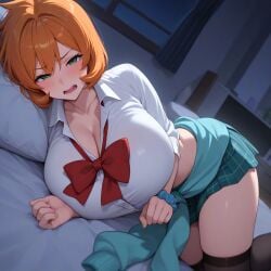 ai_generated alternative_bust_size bangs bed bed_sheet bedroom black_legwear black_thighhighs blush bow bowtie breasts clavicle cleavage clothes_around_waist clothing collared_shirt curtains female green_eyes head_on_pillow huge_breasts indoors jacket jacket_around_waist kasumi_(pokemon) large_breasts legwear looking_at_viewer loose_bowtie lying miniskirt misty_(pokemon_hgss) neckwear night on_bed on_side open_mouth orange_hair pillow plaid plaid_skirt pleated_skirt pokemon pokemon_character red_bow red_bowtie red_neckwear school_uniform scrunchie shirt short_hair skirt smile solo sweater sweater_around_waist thighhighs thighs uniform white_shirt window wrist_scrunchie