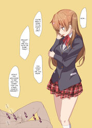 1boy brown_hair censored chuunibyou_demo_koi_ga_shitai! female femdom hair_ornament hairclip hard_translated long_hair masturbation nibutani_shinka penis plaid plaid_skirt pointless_censoring school_uniform simple_background skirt tanaka_deshirittoru translated yellow_background