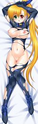 :o blonde_hair blush bodysuit breasts breasts_out dakimakura female green_eyes heterochromia large_breasts long_hair lying lyrical_nanoha mahou_shoujo_lyrical_nanoha_strikers nipples pussy red_eyes side_ponytail solo torn_bodysuit torn_clothes very_long_hair vivio y.ssanoha