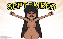 16:10_aspect_ratio :d bangs black_hair blunt_bangs breasts brown_hair clavicle closed_eyes completely_nude curvaceous dark-skinned_female dark_skin english_language english_text facing_viewer female gradient_hair long_hair medium_breasts multicolored_hair navel nipples nude open-mouth_smile open_mouth original original_character outstretched_arms smile solo spread_arms steca stequita teeth text thelazyart upper_teeth upper_teeth_only vagina venezolana very_long_hair wide_hips