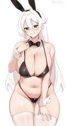 animal_ear_hairband animal_ears bare_arms bare_shoulders bikini black_bikini black_bow black_bowtie black_hairband blush bow bowtie breasts brown_eyes cleavage cowboy_shot detached_collar fake_animal_ears fang_out female hair_between_eyes hairband hand_on_own_chest hand_on_own_thigh highres huge_breasts iwbitu long_hair looking_at_viewer navel nyopu oerba_yun_fang original rabbit_ears simple_background skin_fang skindentation smile solo stomach string_bikini swimsuit thick_thighs thigh_gap thighhighs thighs very_long_hair white_background white_hair white_thighhighs wrist_cuffs