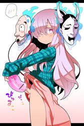 1boy artificial_vagina blush censored collagen cum femboy genderswap genderswap_(ftm) hata_no_kokoro highres long_hair long_sleeves looking_at_viewer male male_only mask masturbation noh_mask penis pink_eyes pink_hair rule_63 short_hair skirt skirt_lift solo solo_male touhou trap very_long_hair