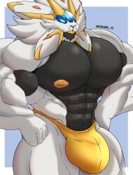 2024 abs absurd_res anthro big_muscles big_pecs black_body black_fur blue_eyes blue_nose bodily_fluids bulge clothed clothing english_description fist fur generation_7_pokemon hi_res legendary_pokemon male male_only multicolored_body multicolored_fur muscular muscular_anthro muscular_arms muscular_male nintendo nipples pecs pokemon pokemon_(species) robinmg_45 solgaleo solo sweat sweaty_chest thong thong_only topless underwear underwear_only white_body white_fur yellow_clothing yellow_nipples yellow_thong yellow_underwear