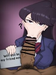 1boy 1girls :>= ? alternate_version_available balls big_breasts big_penis black_hair blowjob breasts censor_bar censored censored_penis clothed_female_nude_male clothing emotionless english_text erection fellatio female fully_clothed hairy_balls huge_cock just_the_tip komi-san_wa_komyushou_desu komi_shouko long_hair looking_at_viewer male male_pov ngnb notebook nude oral oral_sex penis pov pubic_hair purple_background purple_eyes sucking_tip text