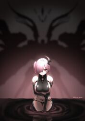 1girls above-cleavage_cutout absurdres bare_shoulders belt black_gloves black_horns black_liquid black_panties breasts clothing_cutout earclip elbow_gloves female female_only fingerless_gloves frown gloves goddess_of_victory:_nikke hair_over_one_eye halter_shirt halterneck highres horns inner_thighs kuremon large_breasts liquid_clothes looking_at_viewer melting navel o-ring o-ring_belt o-ring_strap o-ring_top one_side_up panties partially_submerged pink_hair pubic_tattoo short_hair sideboob single_horn slit_pupils solo stomach tattoo thighs underwear wet_suit ziz_(nikke)