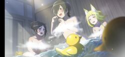 3girls bathing black_hair blush breasts danmachi dungeon_ni_deai_wo_motomeru_no_wa_machigatteiru_darou_ka female_focus female_only fox_ears fox_girl hitachi_chigusa human_female kemonomimi multiple_girls nude_female official_art open_mouth open_smile playing rubber_duck sanjouno_haruhime steam_censor yamato_mikoto yellow_hair younger_female