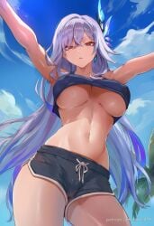 ai_generated alternate_costume armpits arms_up bare_shoulders black_shorts blue_sky breasts closed_mouth cloud covered_nipples crop_top day dolphin_shorts female from_below genshin_impact grey_hair hair_between_eyes hair_ornament hikari406 large_breasts long_hair looking_at_viewer midriff navel outdoors outstretched_arms pink_eyes short_shorts shorts skirk_(genshin_impact) sky solo stomach tank_top thighs uncensored underboob very_long_hair