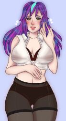1female 1girls ashley_(shweaty_pros) ashleyy1uwu_(bnvt) belly_button black_pantyhose blush blushing_at_viewer bnvt bruneian bruneian_vtuber cleavage collar collared_shirt crop_top female female_only galaxy_hair green_eyes hand_on_hair heterochromia indie_virtual_youtuber indie_vtuber ipeedthefifth lingerie long_hair medium_breasts multicolored_hair orange_eye panties panties_under_pantyhose pantyhose playing_with_hair playing_with_own_hair pudgy_belly purple_hair red_bra red_lingerie shy smiling smiling_at_viewer standing underwear virtual_youtuber vtuber