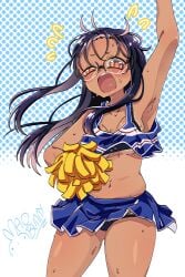 1girls alternate_universe black_hair cheerleader cheerleader_outfit cheerleader_uniform chubby chubby_belly chubby_female embarrassed english_text female glasses hayase_nagatoro jumping long_hair manga_cover mao_diosa nerdy nerdy_female open_mouth please_don't_bully_me,_nagatoro tagme tan tan-skinned_female tan_lines tan_skin tanned tanned_female tanned_girl tanned_skin yellow_eyes