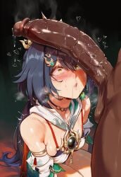 1boy 1girls ai_generated balls big_penis black_hair blush breasts breath breath_cloud cock cock_awe cock_shock cock_worship dangling_testicles dark-skinned_male dark_skin dazed excessive_sweat genlation hair_ornament hair_strand heart honkai:_star_rail hoyoverse huge_cock huge_penis interracial kneeling large_cock large_penis lips looking_at_another musk musk_clouds oiled penis penis_over_face penis_shadow precum precum_drip saggy_balls shiny_skin small_breasts stray_pubic_hair sweat sweating sweaty testicles thighs tremble_lines trembling wet_penis yellow_eyes yunli_(honkai:_star_rail)