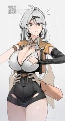 1girls azz0422 black_shorts blush breasts cleavage female grey_hair highres hip_grab large_breasts light-skinned_female light_skin looking_at_viewer short_shorts shorts sweat thick_thighs thighs wide_hips yellow_eyes yin_yang yixuan_(zenless_zone_zero) zenless_zone_zero