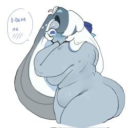 /// ahoge blue_blush blue_bow blue_hair blue_hair_female blue_pupils blue_spots blue_whale_cookie chubby chubby_female cookie_run cookie_run_ovenbreak dark_spots english_dialogue english_text fat_ass hair_accessory hair_covering_eye hair_ornament hand_near_face hand_on_mouth long_hair long_hair_female magpiered milf milf_body motherly no_nipples no_pussy nude side_profile sideview speech_bubble stretch_marks stuttering turned_away white_background white_eyebrows white_eyes white_highlights white_spots