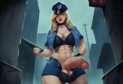 abs ai_generated aipixelporn big_ass big_breasts big_butt big_muscles big_penis big_thighs blonde_female blonde_futa blonde_hair bra futanari holding_penis muscular muscular_female muscular_futa original original_character original_characters police police_badge police_hat police_officer police_uniform policewoman purple_eyes rain raining veiny_penis