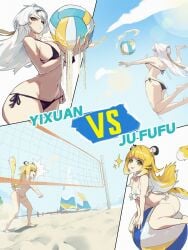 2girls absurdres animal_ears ball barefoot beach bikini black_bikini blonde_hair blue_sky breasts cloud frilled_bikini frills green_eyes highres holding holding_ball ju_fufu large_breasts multiple_girls navel rimeye sand side-tie_bikini_bottom sky small_breasts swimsuit tail tiger_ears tiger_girl tiger_stripes tiger_tail volleyball volleyball_net white_bikini white_hair yellow_eyes yixuan_(zenless_zone_zero) zenless_zone_zero