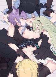 5girls animal_ears arknights ave_mujica_(bang_dream!) bang_dream! bang_dream!_it's_mygo!!!!! black_dress black_hair black_panties black_pantyhose black_thighhighs blonde_hair blush breasts cat_ears cat_girl chinese_commentary commentary_request covered_nipples dog_ears dog_girl dress fingering garter_straps green_hair highres horns medium_breasts misumi_uika misumi_uika_(caged_singer) multiple_girls navel nipples open_mouth panties pantyhose pantyhose_under_thighhighs purple_hair rabbit_ears rabbit_girl saliva small_breasts sweatdrop thighhighs togawa_sakiko togawa_sakiko_(master_of_melodia) underwear wakaba_mutsumi wakaba_mutsumi_(marionette's_id) wolf_ears wolf_girl yahata_umiri yahata_umiri_(moonlight_executioner) yellow_eyes yun_cao_bing yuutenji_nyamu yuutenji_nyamu_(magician_of_passion)