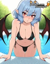 1futa 2025 ai_generated arm_support artist_name bat_wings bikini black_bikini blue_hair blush breasts bulge bust chest demon_wings dragon_wings fingernails foxenpai futanari hi_res high_quality high_resolution highres looking_at_viewer low_wings nail_polish navel outdoors parted_lips patreon patreon_username pointy_ears pool red_eyes red_nails red_wings remilia_scarlet sharp_fingernails side-tie_bikini solo stable_diffusion swimsuit touhou watermark wet wings