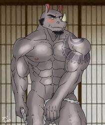 2013 abs altauro anthro beard biceps blush clothing facial_hair fundoshi hentist horn japanese looking_at_viewer male male_only muscles nipples nude pecs pose rhinoceros smile solo tattoo tetsuya_saito underwear vein