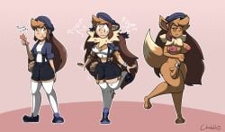 1girls anthro brown_hair chabble eevee fluffy fluffy_tail jacket light_brown_hair long_hair long_socks multicolored_hair neck_fluff original_character oscee_(chabble) overalls pokemon pokemon_(species) transformation transformation_sequence yellow_eyes
