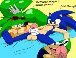 adc1309 anthro ass balls blue_eyes blue_hair dialog english_text erection eyewear eyewear_on_head female green_eyes green_hair hair handjob hedgehog huge_ass licking male nobody147 nude penis rule_63 scourge_the_hedgehog sega sex sonic_(series) sonic_the_hedgehog straight sunglasses sunglasses_on_head text tongue