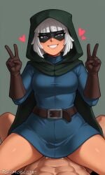 ai_assisted ai_generated bandit_(clash_royale) cape clash_(series) clash_royale clothed clothed_female_nude_male cowgirl_position cum gloves heart heart-shaped_pupils hood looking_at_viewer moglotbs nude_male pov sex simple_background solo_focus supercell tagme tunic v_sign