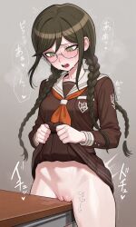 1girls ai_generated bottomless braided_twintails brown_hair danganronpa danganronpa:_trigger_happy_havoc fukawa_touko glasses kosine1777 masturbation public_masturbation pussy school_uniform skirt skirt_lift spike_chunsoft table table_humping twin_braids