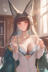 ai_generated animal_ear_fluff animal_ears bare_shoulders black_hair blunt_bangs blurry blurry_background blush bra braid breasts brown_hair cleavage closed_mouth collarbone female fox_ears green_jacket grey_bra hikari406 hoshimi_miyabi indoors jacket large_breasts long_hair long_sleeves looking_at_viewer off_shoulder open_clothes red_eyes shirt solo uncensored underwear upper_body white_shirt zenless_zone_zero