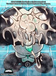 absurd_res after_anal after_sex anthro anus ass balls big_butt biped black_body blush detailed_background dialogue eyeless genitals glistening glistening_body hi_res huge_butt humanoid inside male moobs multicolored_body not_furry penis text the_gatherer_(zeblackballd) thick_thighs white_body zeblackballd_(artist)