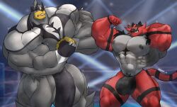 2025 5_fingers abs absurd_res anthro big_muscles big_pecs black_clothing black_stripes black_thong black_underwear bottomwear broad_shoulders bulge cheek_tuft clothed clothing duo english_description facial_tuft fangs fighting_ring fingers fist flexing fur generation_7_pokemon generation_8_pokemon green_eyes grey_body grey_fur hi_res incineroar legendary_pokemon loincloth male male/male markings muscular muscular_anthro muscular_arms muscular_male muscular_thighs nintendo nipples pecs pokemon pokemon_(species) pubes red_body red_fur robinmg_45 striped_markings striped_tail stripes tail tail_markings teeth thong thong_only topless tuft underwear underwear_only urshifu