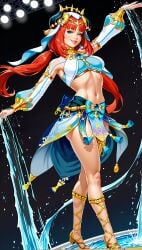 ai_generated arabian_clothes dancing elbow_gloves genshin_impact high_heel_sandals high_heels hoodie looking_at_viewer nilou_(genshin_impact) open_toe_shoes red_hair sandals saraserah skimpy_clothes skirt