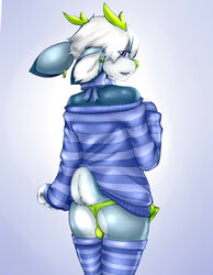 1boy antlers ass back bastion bioluminescence bulge crossdressing ear_piercing erection girly glowing horn hybrid jackalope leggings looking_at_viewer male male_only nude panties piercing raised_tail ribbons solo stockings sweater underwear