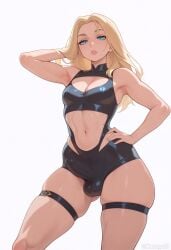 1futa 2025 abs ai_generated armpits blonde_hair blue_eyes bulge bulge_through_clothing child_bearing_hips futa_only futanari hand_on_hip latex latex_suit league_of_legends looking_at_viewer luxanna_crownguard noonyx skinny_futa small_balls small_breasts small_penis thick_thighs thunder_thighs touching_hair