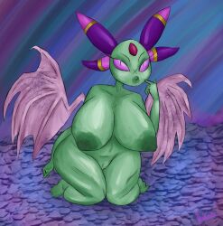 areolae background beanish big_breasts big_female big_lips breasts cheeks dark_nipples duxeite ear eyelashes feet female femengumisi fetish freckles genitalia green_body light_rays lips naked naked_female nipples original pale_skin pink_eyes pointing puffy_nipples puffy_vagina rocks signature sitting solo thighs toes transformation