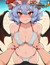 1futa 2025 ai_generated artist_name bat_wings beach big_breasts big_chest bikini blue_hair blue_nails blush breast_grab breasts bust busty chest cleavage day demon_wings eyebrows_visible_through_hair fingernails flying_sweatdrops foxenpai futanari grabbing green_nails guided_breast_grab hat hi_res high_quality high_resolution highres large_breasts low_wings mob_cap nail_art nail_polish navel outdoors patreon patreon_username pink_nails pov pov_hands purple_nails red_eyes red_nails remilia_scarlet sharp_fingernails short_hair smile spread_wings stable_diffusion sweat swimsuit tail toenail_polish toenails touhou watermark wings