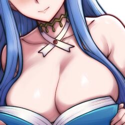 1girls blue_hair book cleavage female fire_emblem fire_emblem_engage large_breasts long_hair lumera_(fire_emblem) nintendo nude ouch_meme rotomdocs