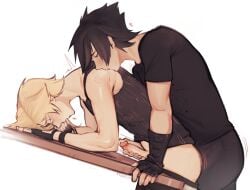 2boys ^^^ bare_shoulders bent_over bite_mark bite_mark_on_shoulder biting black_gloves black_hair black_pants black_shirt black_tank_top blonde_hair blush closed_eyes clothing_cutout commentary crew_neck english_commentary erection final_fantasy final_fantasy_xv fingerless_gloves glove_cutout gloves handjob highres male_focus moshyuu motion_lines multiple_boys noctis_lucis_caelum open_mouth pants parted_bangs penis prompto_argentum reach-around shirt short_hair short_sleeves table tank_top yaoi