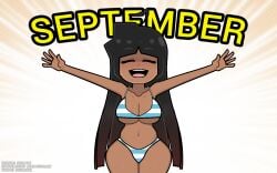 bikini black_hair blunt_bangs breasts brown_hair cleavage closed_eyes clothing collarbone curvy dark-skinned_female dark_skin english_text facing_viewer female gradient_hair hime_cut large_breasts latina long_hair navel oc open_mouth original original_character outstretched_arms smile solo spread_arms steca stequita striped_bikini striped_clothes swimsuit teeth thelazyart underboob upper_teeth_only venezolana very_dark_skin very_long_hair wide_hips