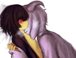 artist_request asriel_dreemurr deltarune horny_male implied_sex incest kris_(deltarune) neck_biting straight_face unamused