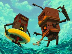 2girls ahoge algro778 antennae bikini bikini_pull blush blush_lines bow_panties crab embarrassed enf exposure female female_only flustered hod_(lobotomy_corporation) lobotomy_corporation looking_at_another malkuth_(lobotomy_corporation) metallic_body no_genitals non-human non-human_only ocean orange_bikini project_moon radio_antenna red_bikini robot robot_girl shocked sky string_bikini surprised swimsuit wardrobe_malfunction water